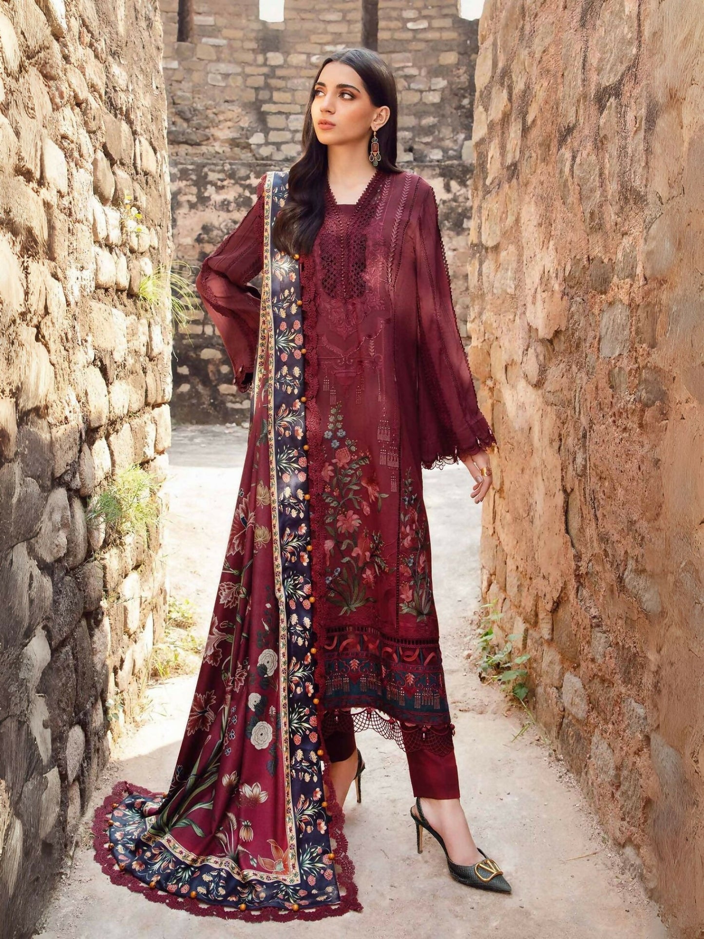 Maria.B maroon linen embroidered outfit with printed herringbone shawl.