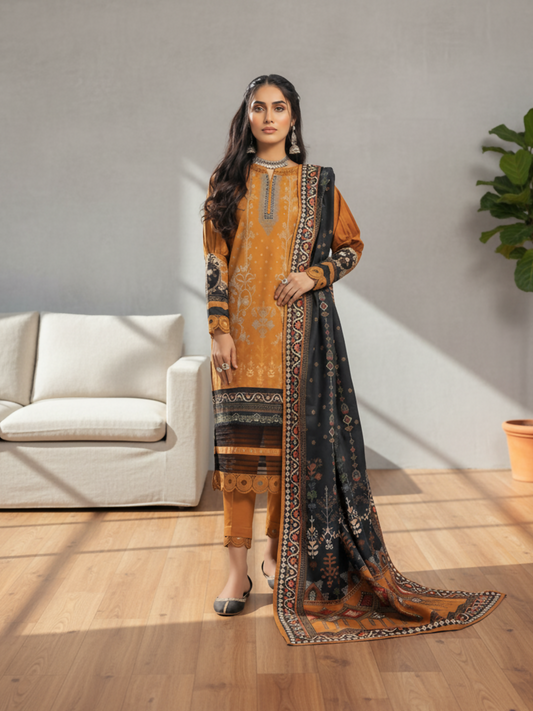 Mausummery Khaddar Printed Unstitched 3-Piece Suit-Amber