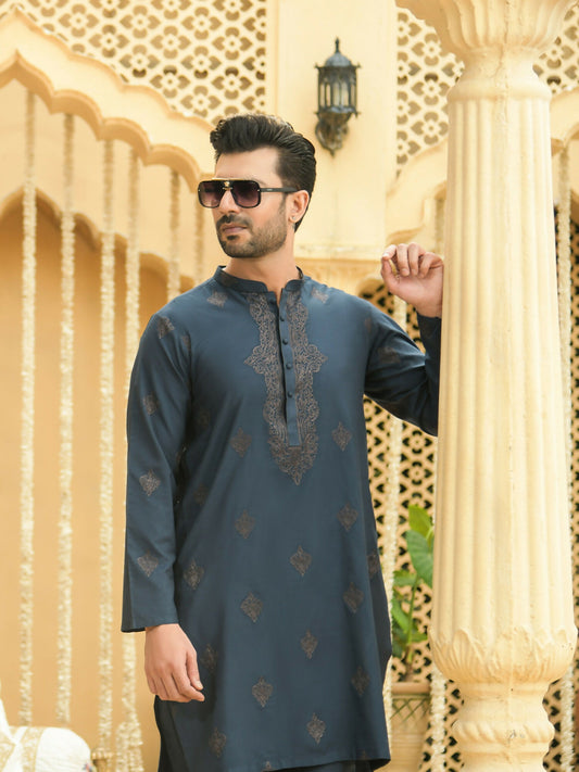 Fabrich Shehnai Men Cotton-Silk Embroidered Unstitched Shalwar Kameez-GTS-SS-007