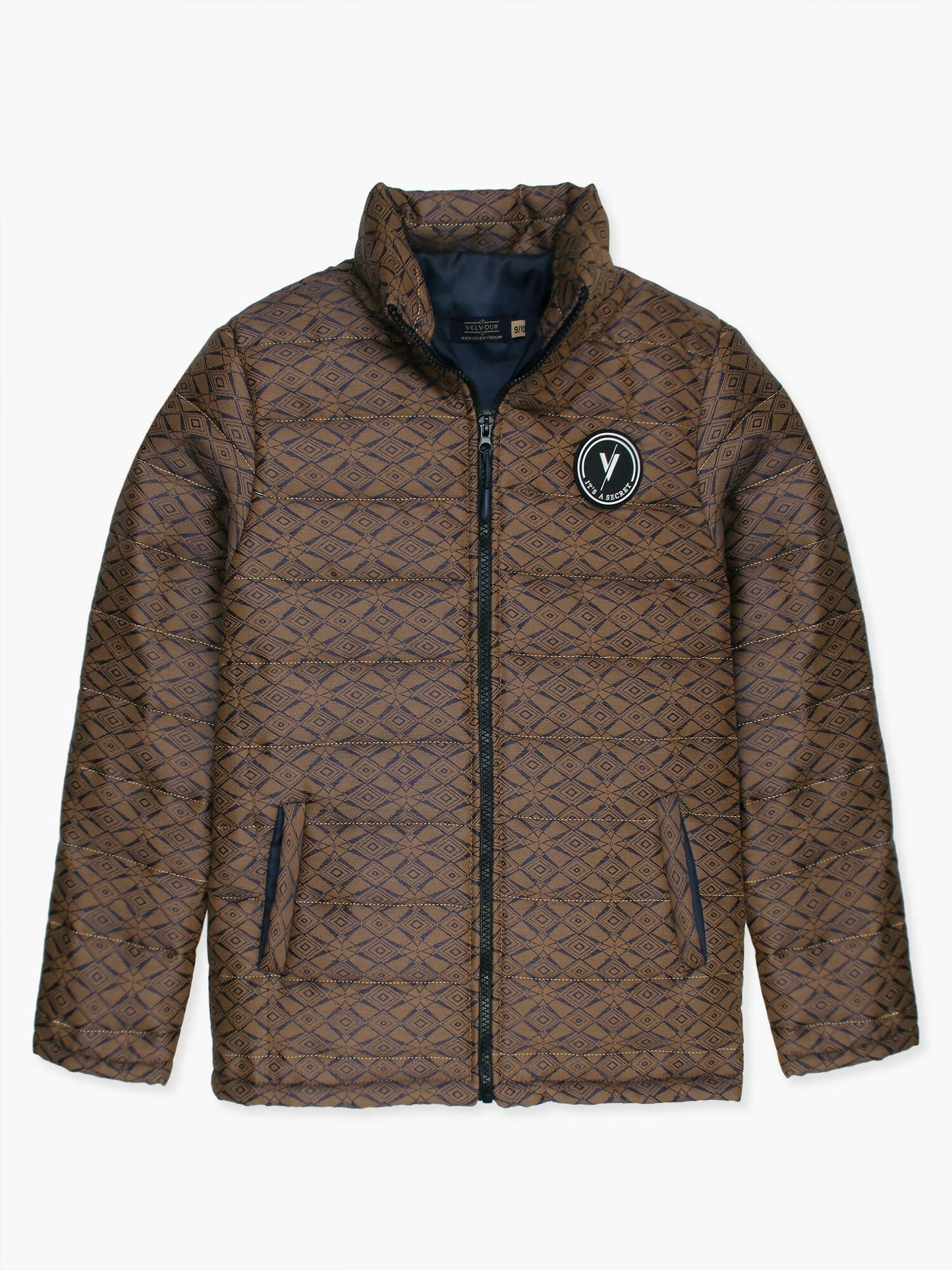 Chocolate Brown Velvour Printed Puffer Jacket-VJ50-B