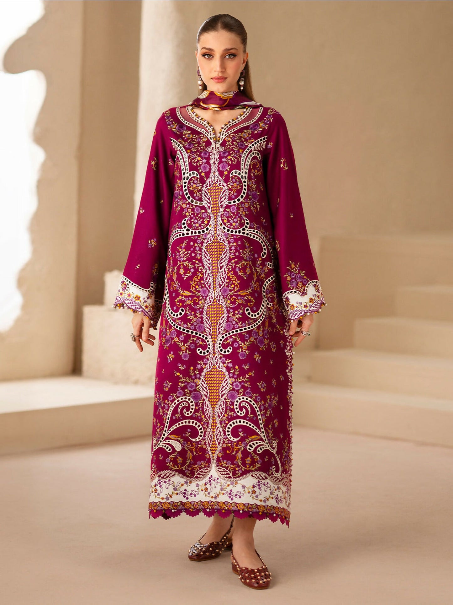 A stylish unstitched 3-piece suit by Bin Ilyas, featuring intricately embroidered Kotrai fabric with detailed silk and organza lacework-167-A
