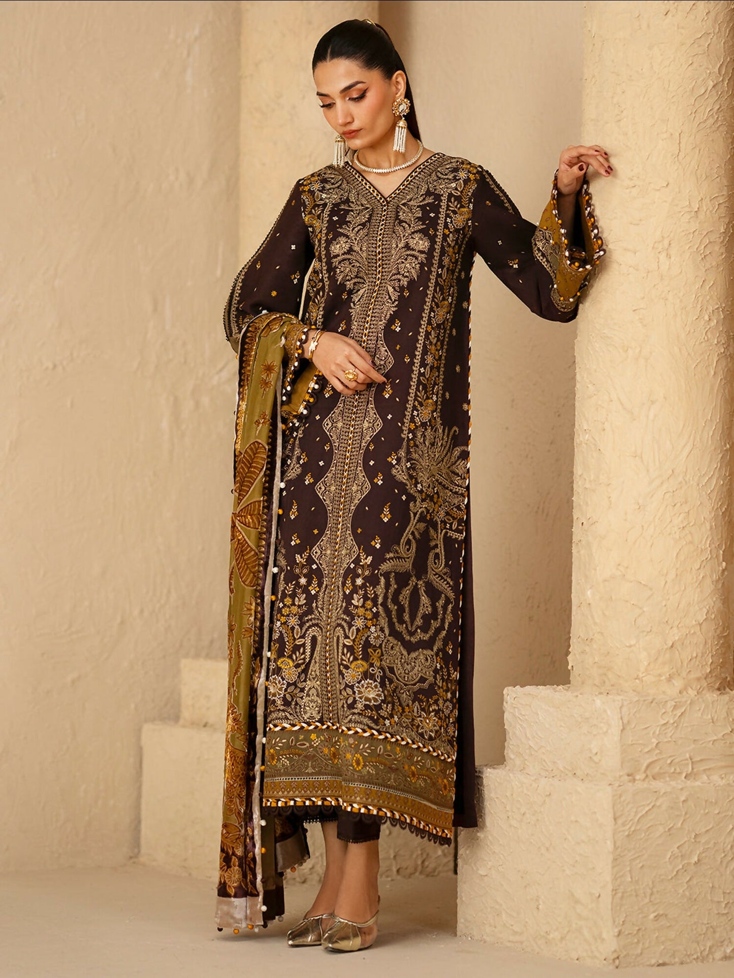 stylish unstitched 3-piece suit by Bin Ilyas 164-A, combining a dyed Kotrai embroidered shirt, a plain Kotrai trouser, and a Palachi shawl