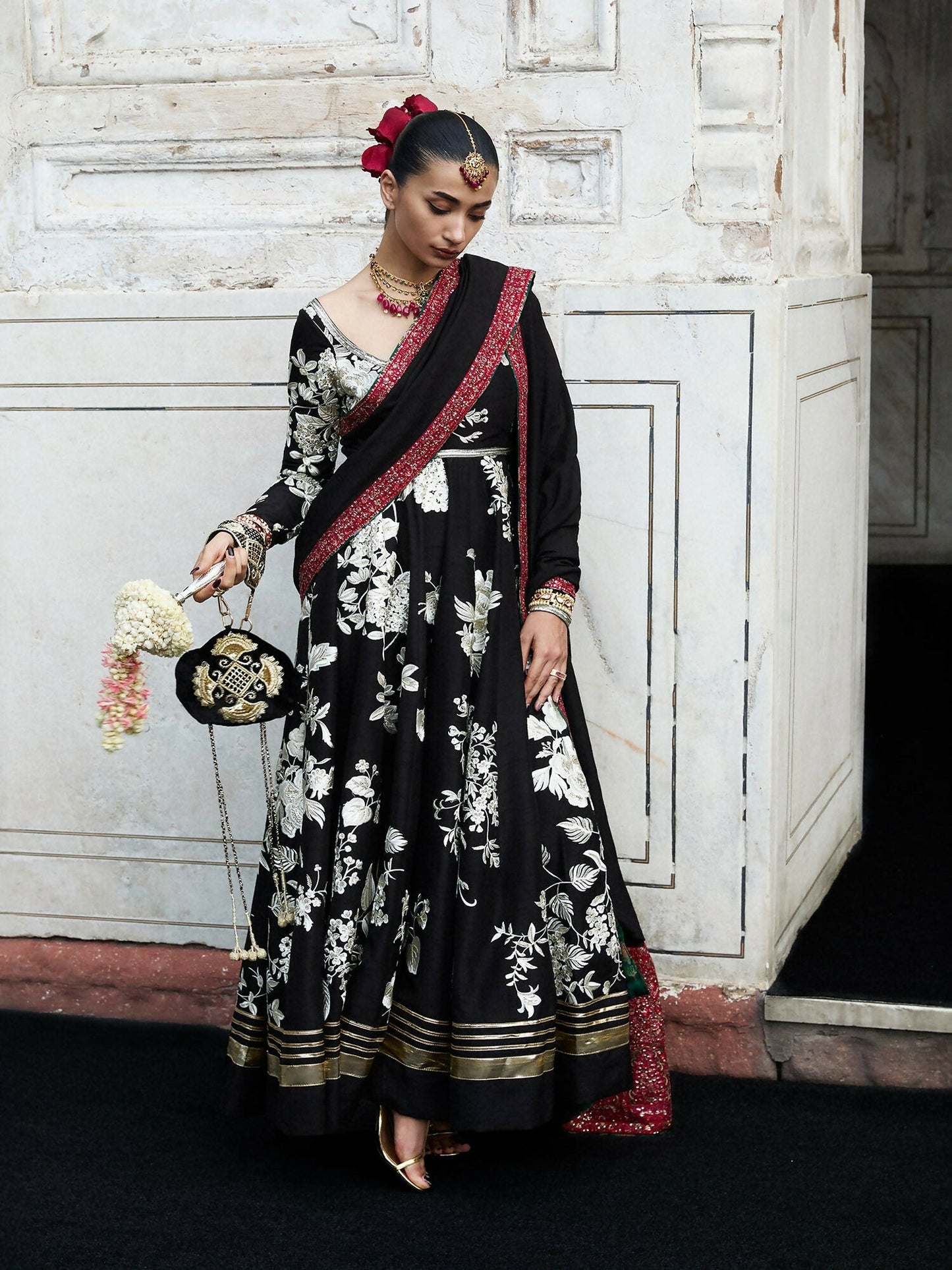 Hussain Rehar Festive Pret’25 black Korean raw silk pishwas with churidar and embroidered shawl, stitched 3-piece suit.