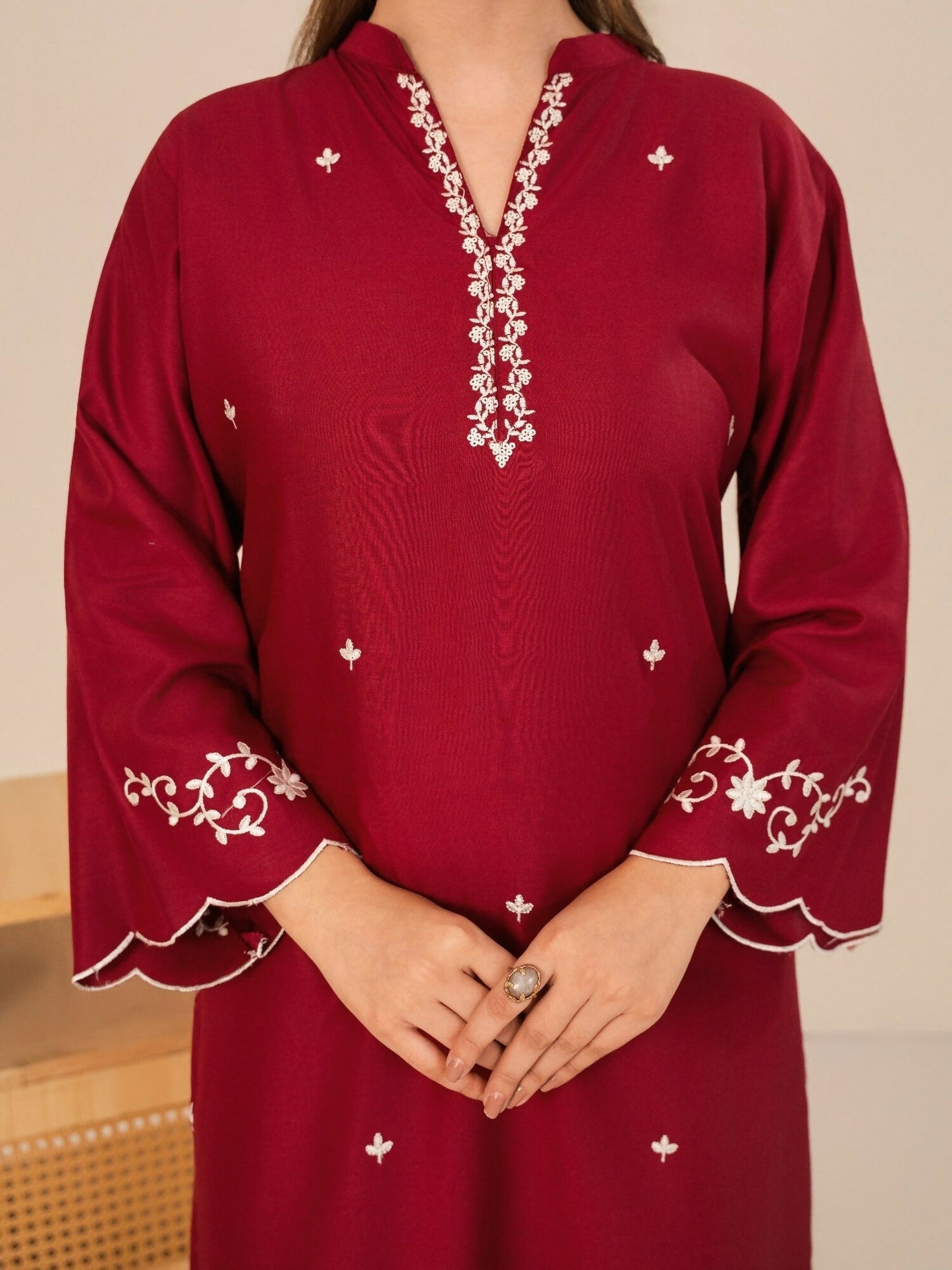 Stylish Collection Whisper Pret Linen Embroidered Stitched 2-Piece Suit-Claret