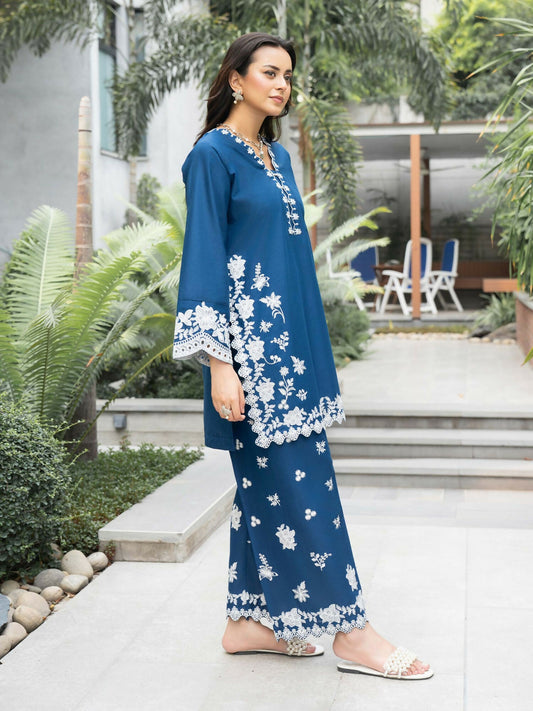 Panache Apparel Solid Story Cotton Lawn Embroidered Stitched Suit-Blue Petal
