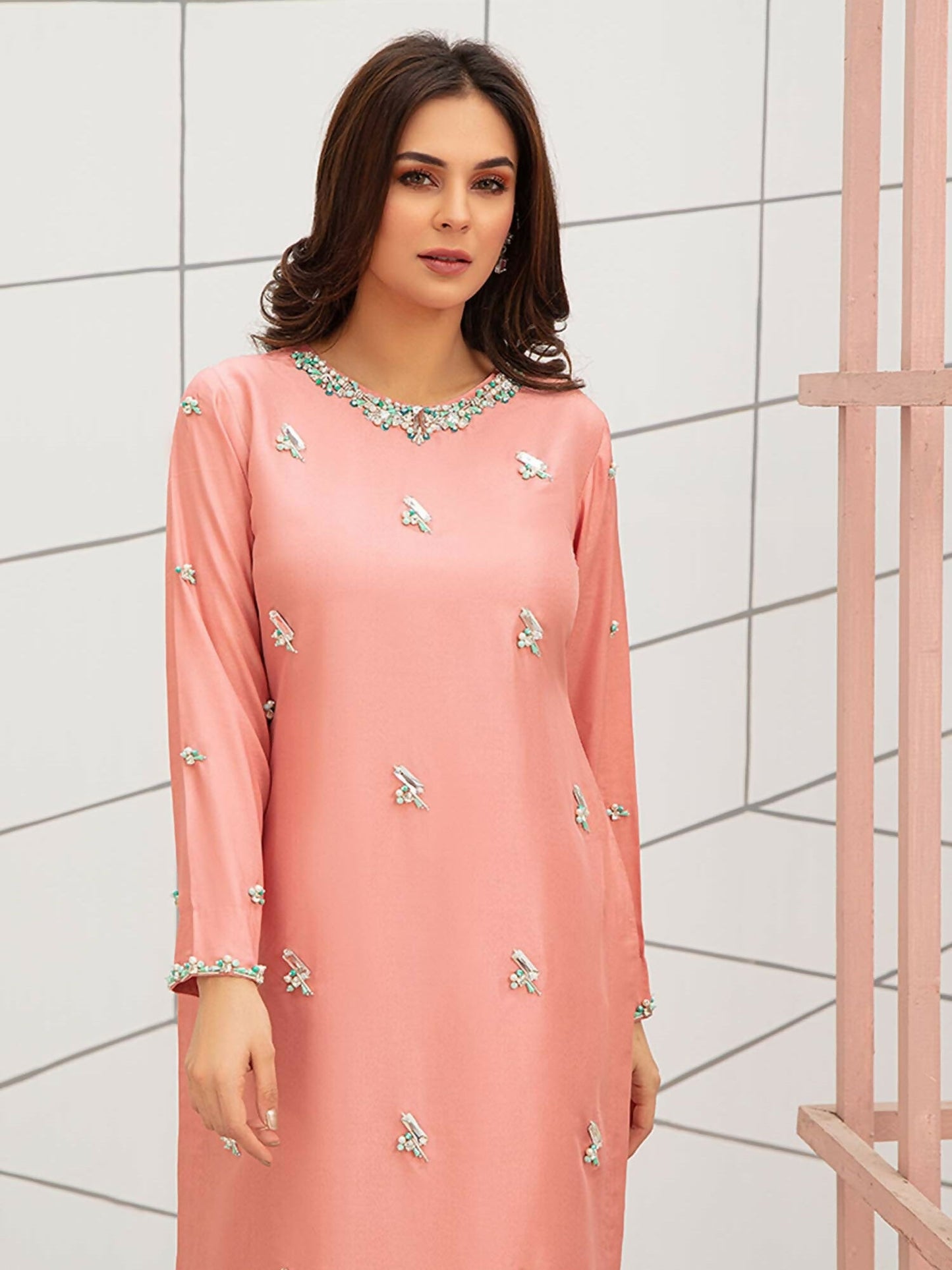 Allure By IH Raw Silk Embellished Stitched 3-Piece Suit-First Blush