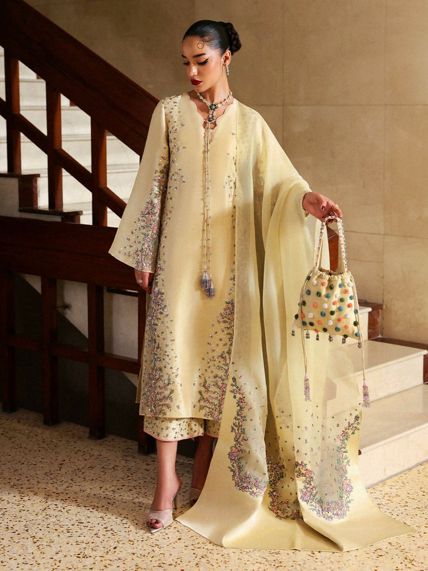 Hussain Rehar stitched 3-piece suit featuring raw silk and organza embroidered shirt with sequins and cutdana, organza embroidered dupatta with satin trims, and raw silk culottes with pink accents.
