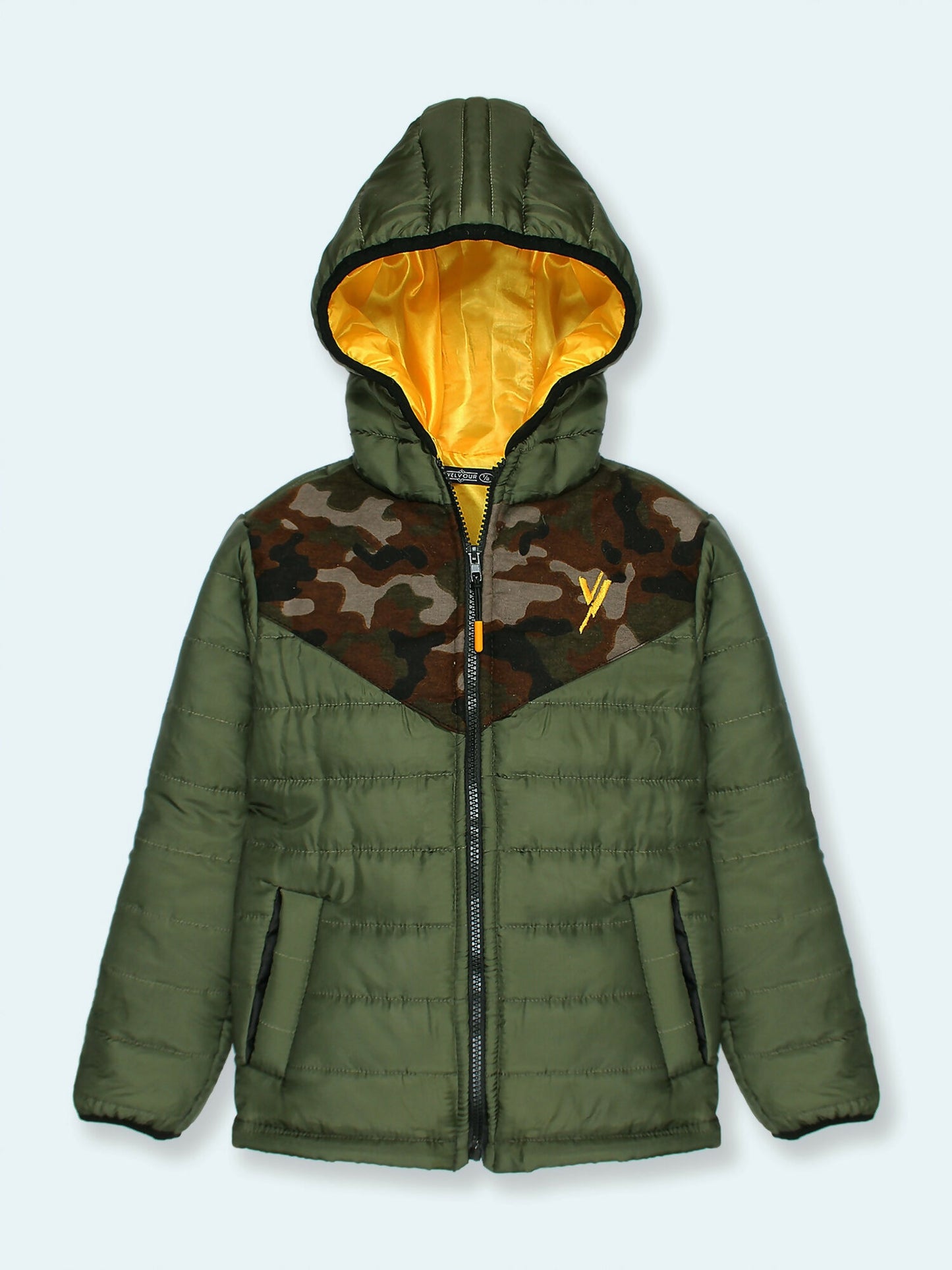 Olive Green Velvour Printed Puffer Jacket-VJ18