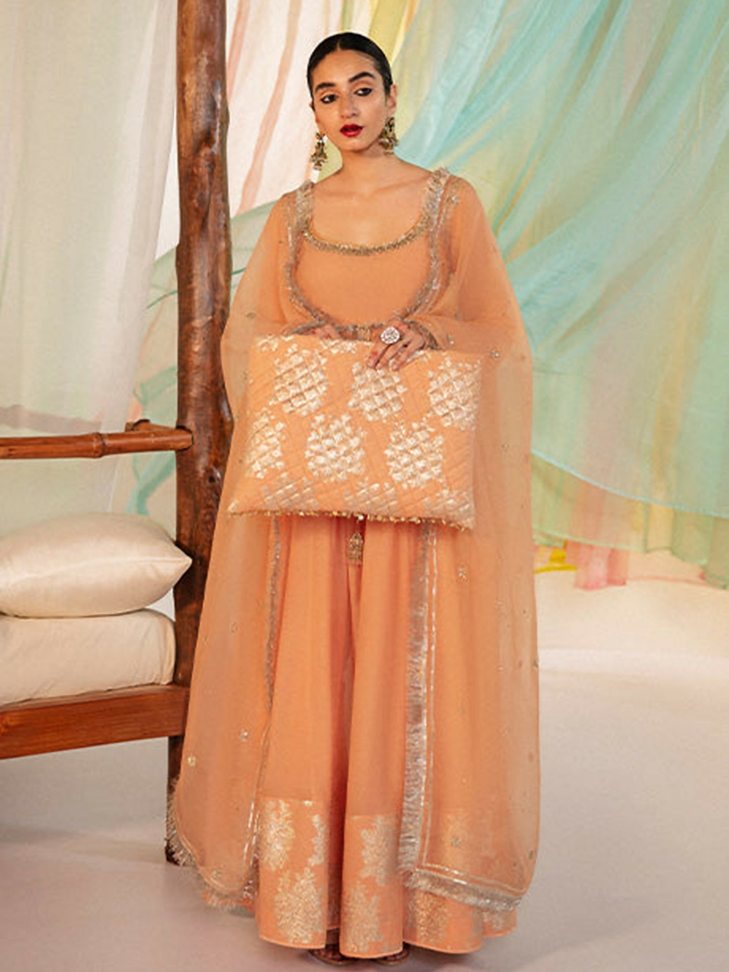 Hussain Rehar – Peach Chanderi Silk Peshwas with Embellished Neckline and Organza Dupatta