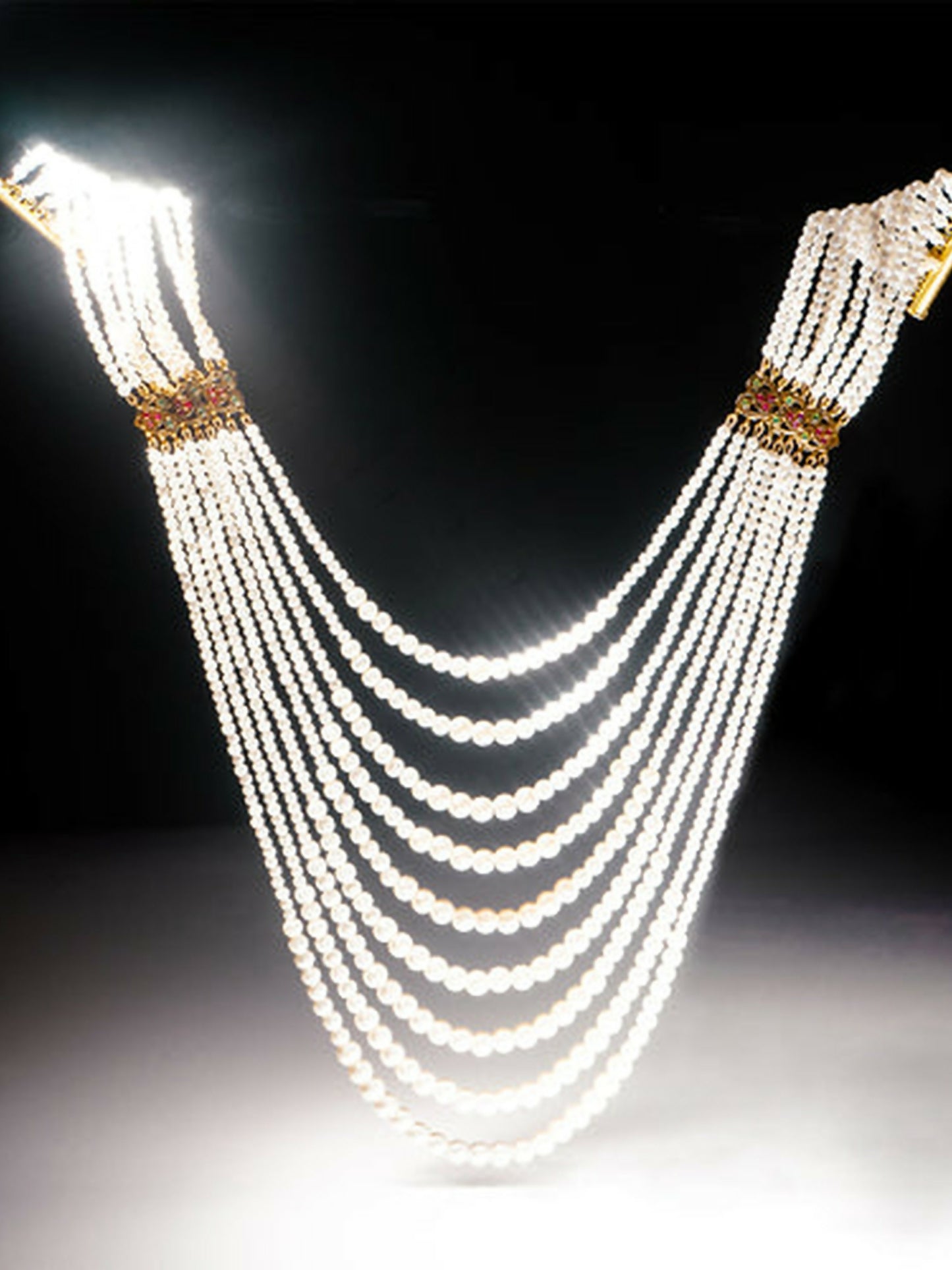 Jugnu by Hussain Rehar Pearl Meenakari necklace with strands of white pearls and vibrant Meenakari heart motifs, timeless romantic artisanal accessory.