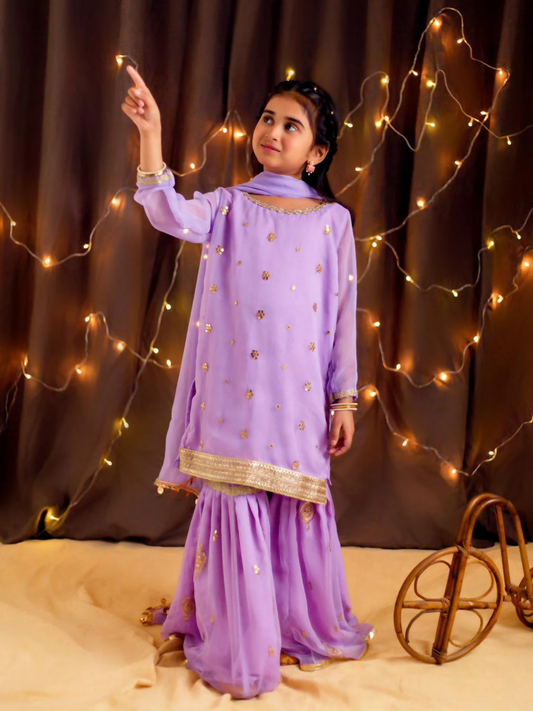 Kidoz Kloset Chiffon Embroidered Gharara-Lilac Dreams-Embroidered Gharara Set