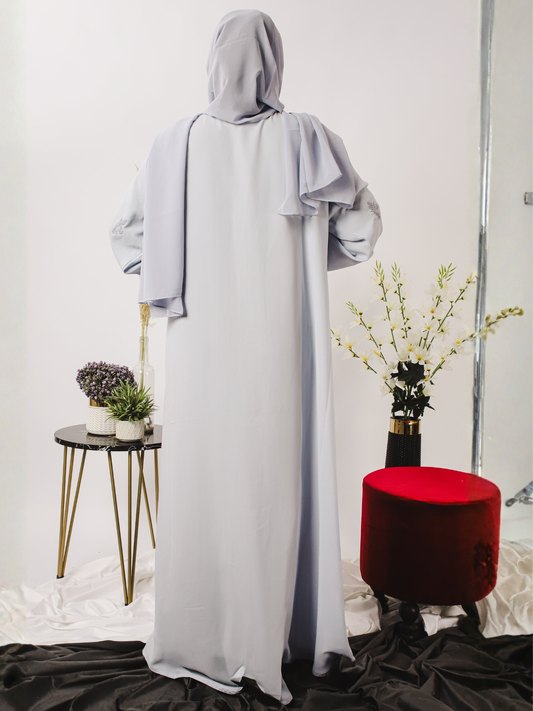 Grey-Nourah Moose Chiffon Embroidered Abaya-Fiza