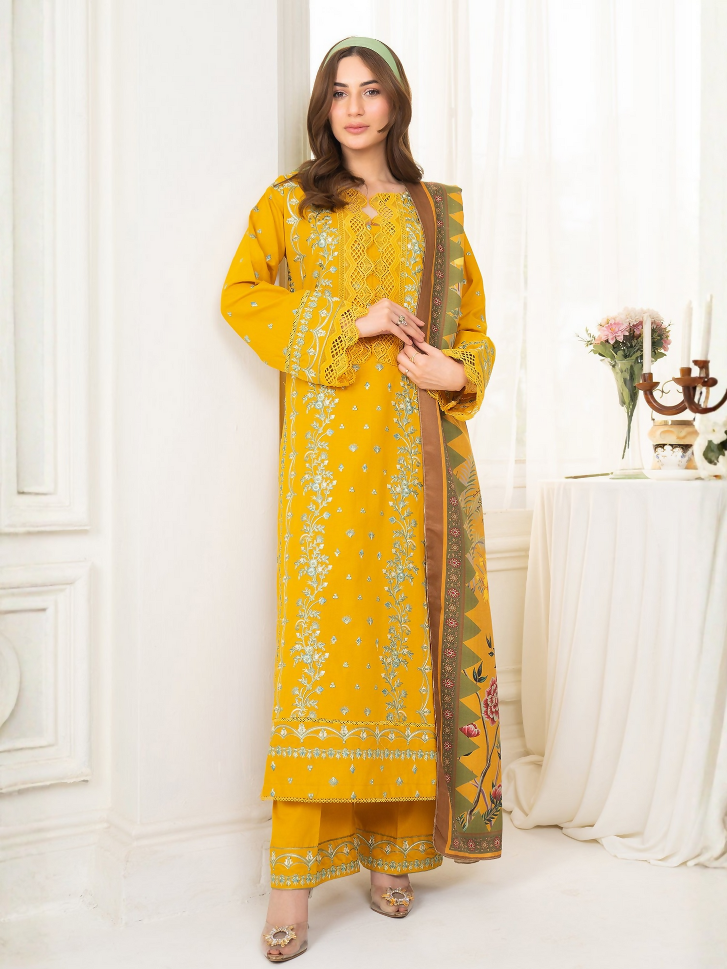 Panache Apparel Winter Basics Khaddar Embroidered Stitched 3-Piece Suit-Golden Hour