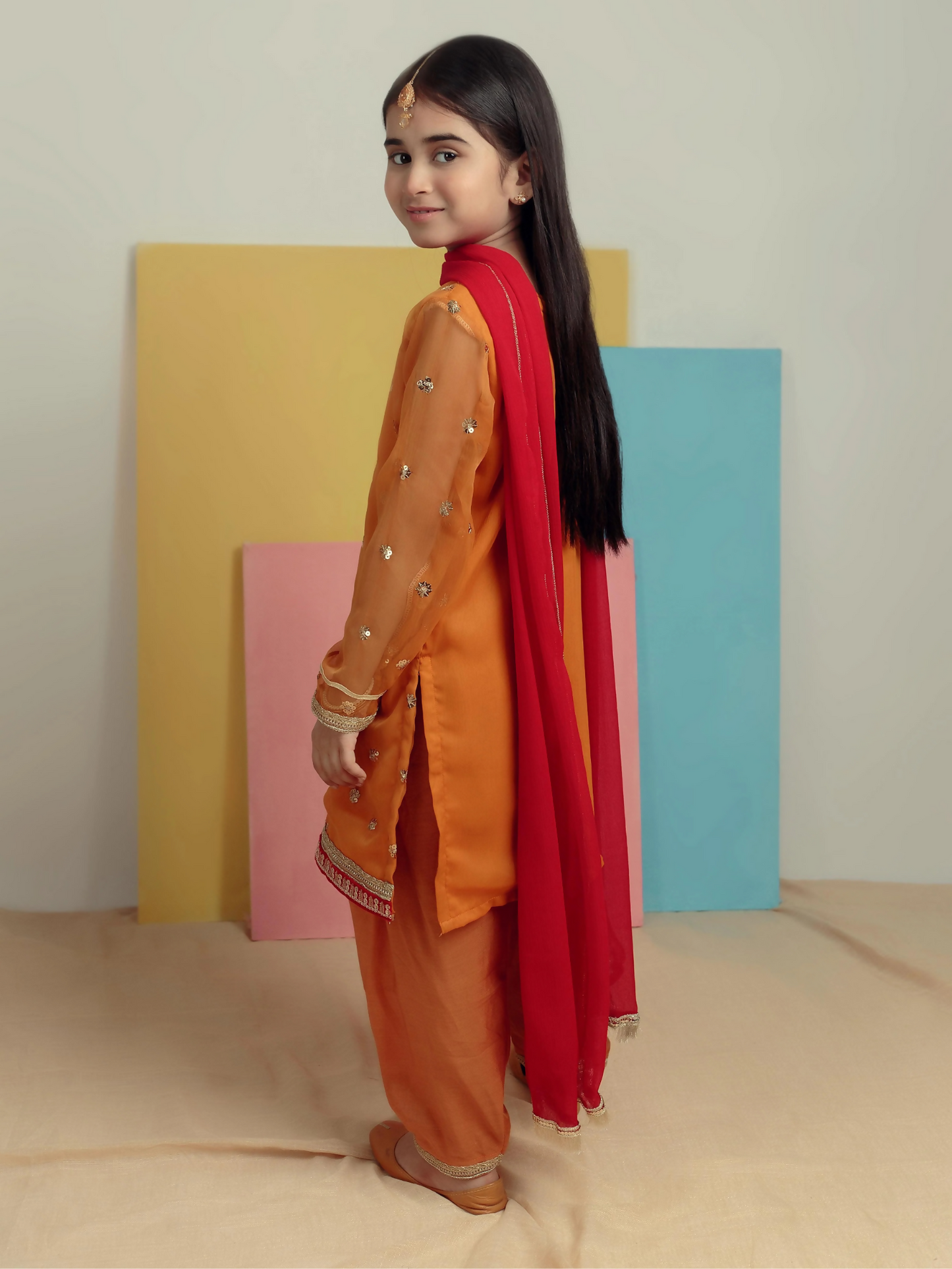 Kidoz Kloset Mauj Masti Chiffon Embroidered Stitched 3-Piece Suit-Mustard Magic