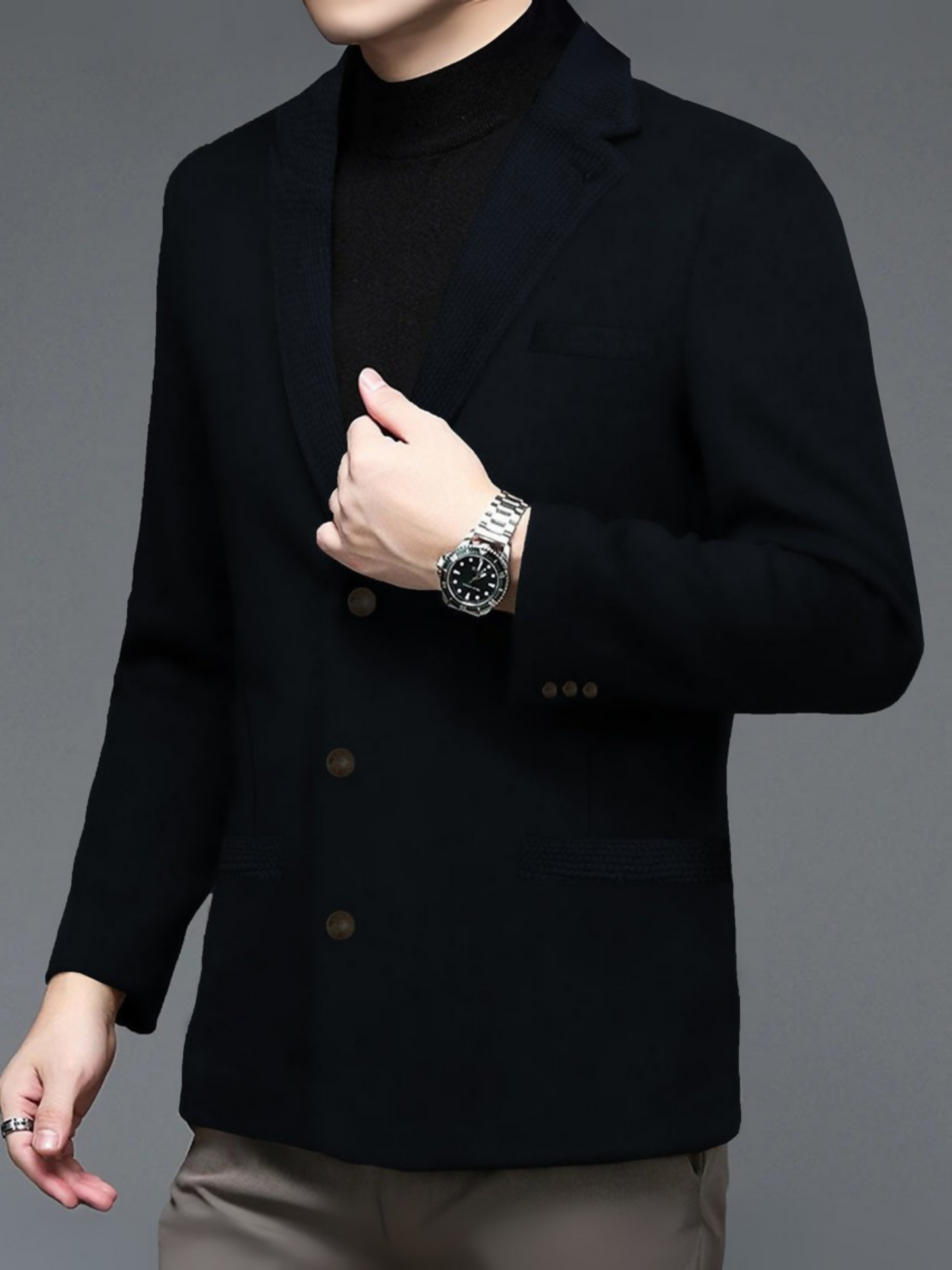 Imported long wool coat with textured collar, tailored fit, and classic business-style design, displayed against a plain background