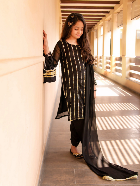 Kidoz Kloset Chiffon Embroidered Stitched 3-Piece Suit-Night Spark