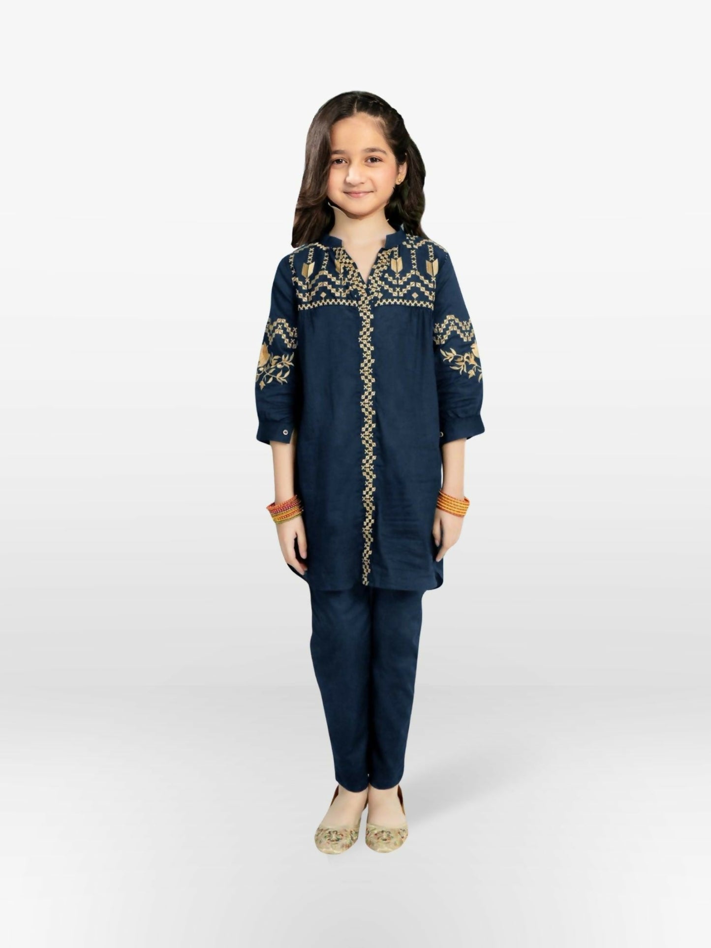 Navy Velvour Girls Embroidered Stitched 2-Piece Suit-VG77
