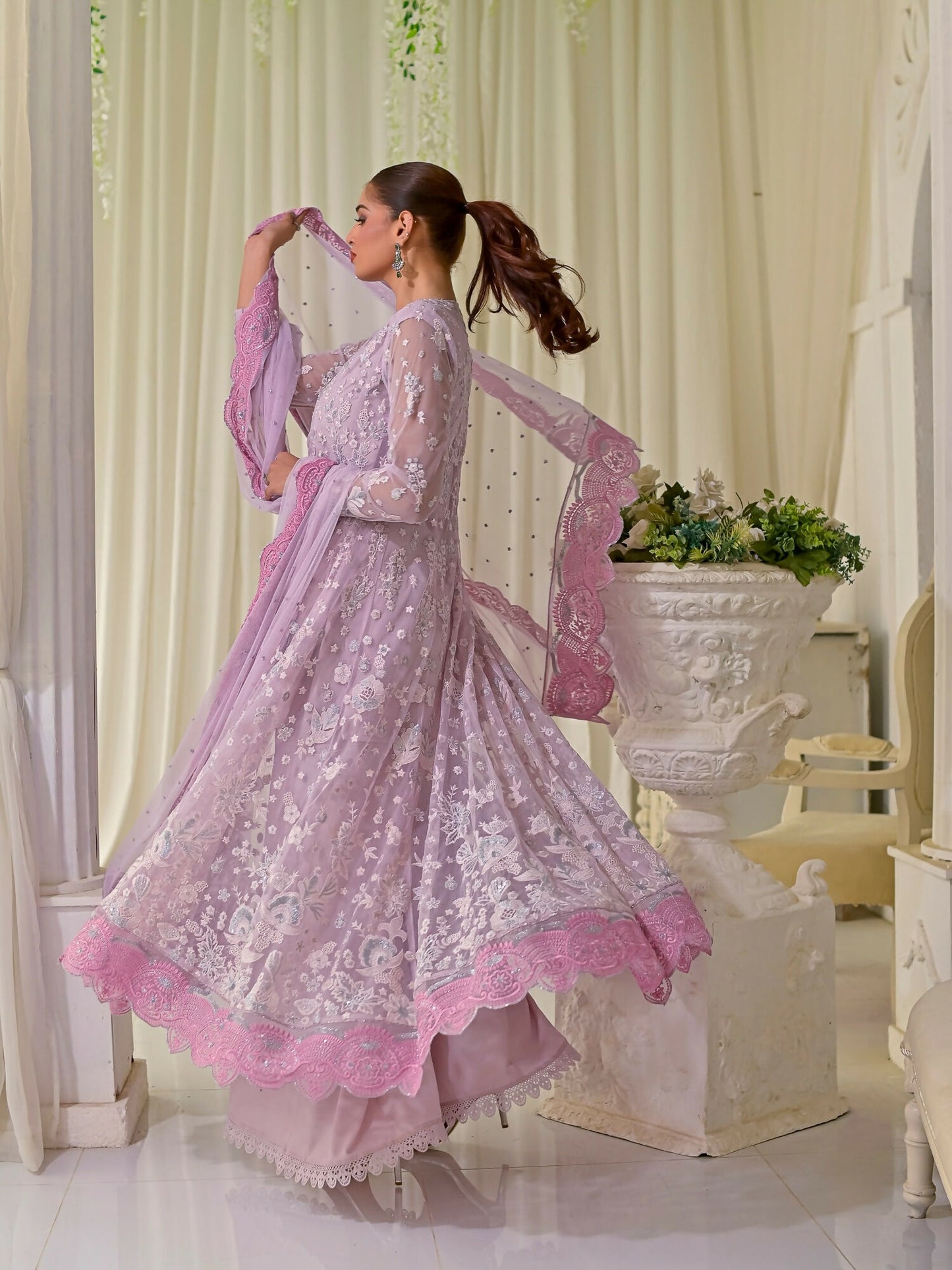 Farooq Hameed Studio Net Embroidered Stitched 3-Piece Suit-Crimson-Dusk