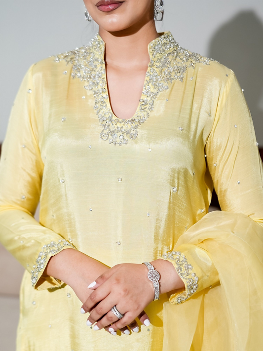 Allure By IH Fashion Calling Raw Silk Embellished Stitched 3-Piece Suit-Buttercup