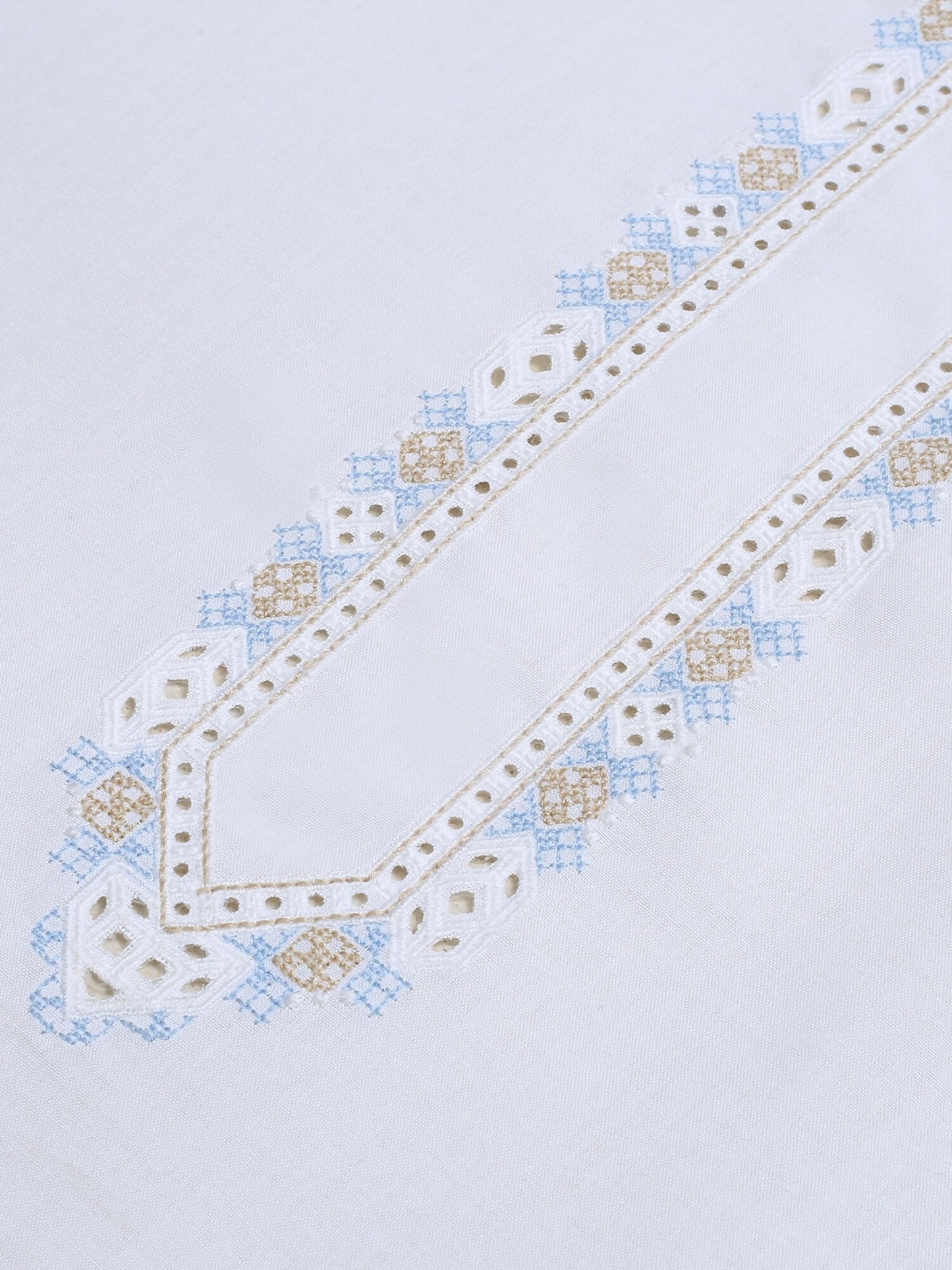 Off-white unstitched men’s embroidered kameez shalwar from Fabrich’s Virsa collection, featuring multi-dyed cotton thread cutwork on soft fine cotton with premium finishing.