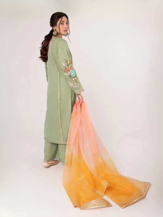 Green-HEM Organza Embroidered Stitched 4-Piece Suit-Holi
