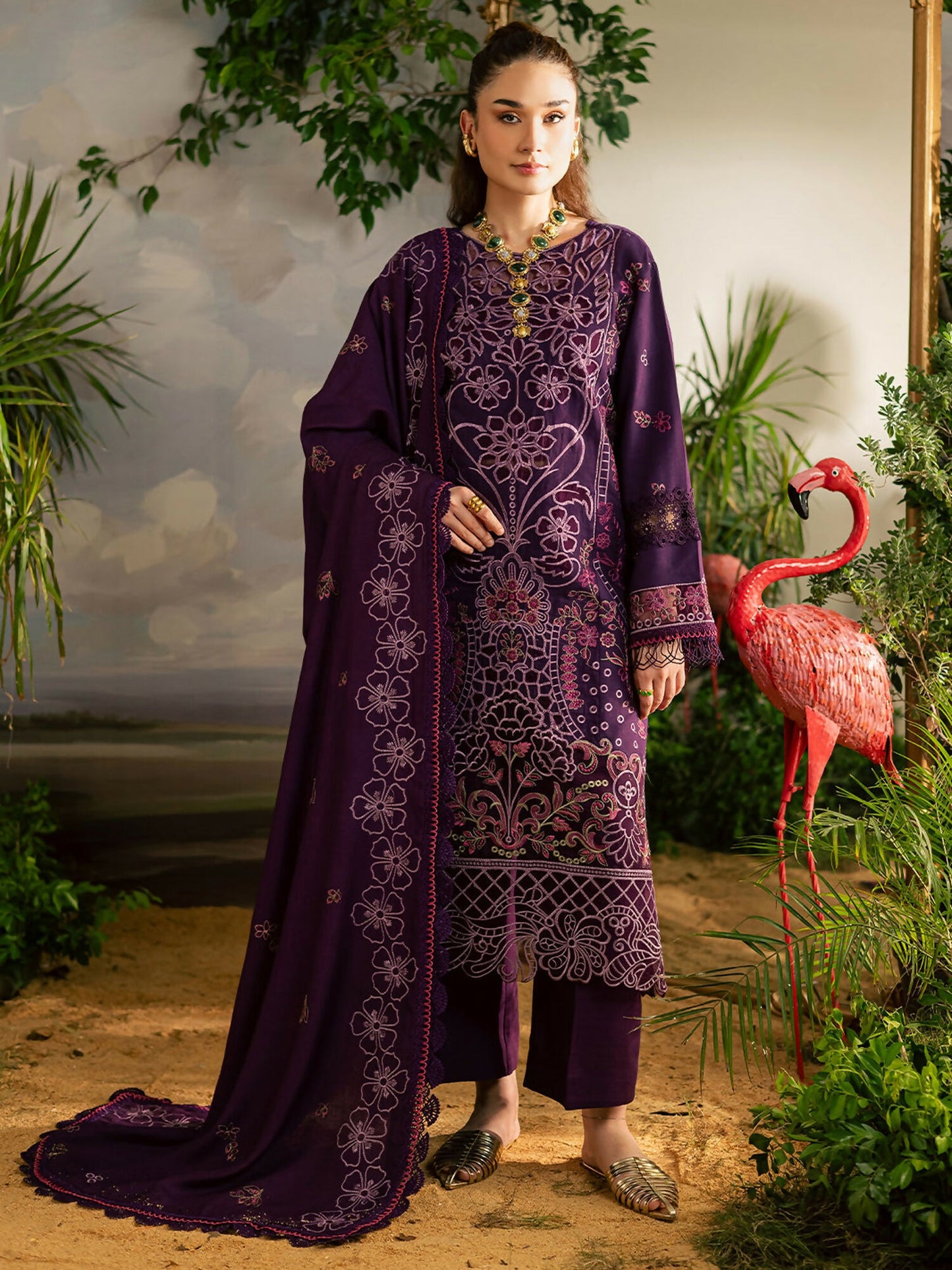 Mahnur Kaia Slub Linen Embroidered Stitched 3-Piece Suit-K- 01