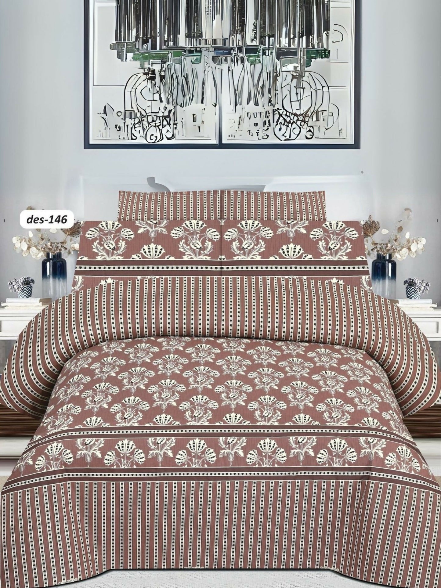 Brown king-size bedsheet with white design and two matching pillow covers in poly cotton