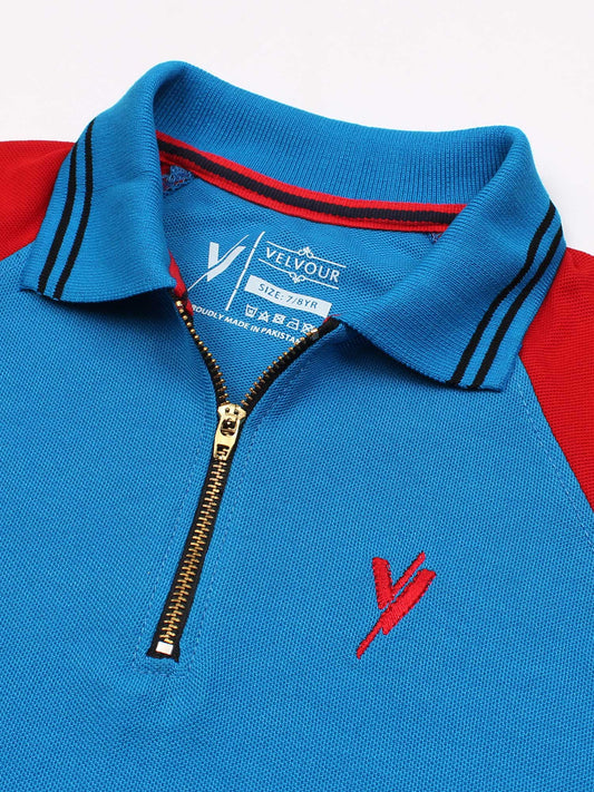 Blue Red Velvour Boys Pique Tipping Collar Polo Shirt-VP15-C