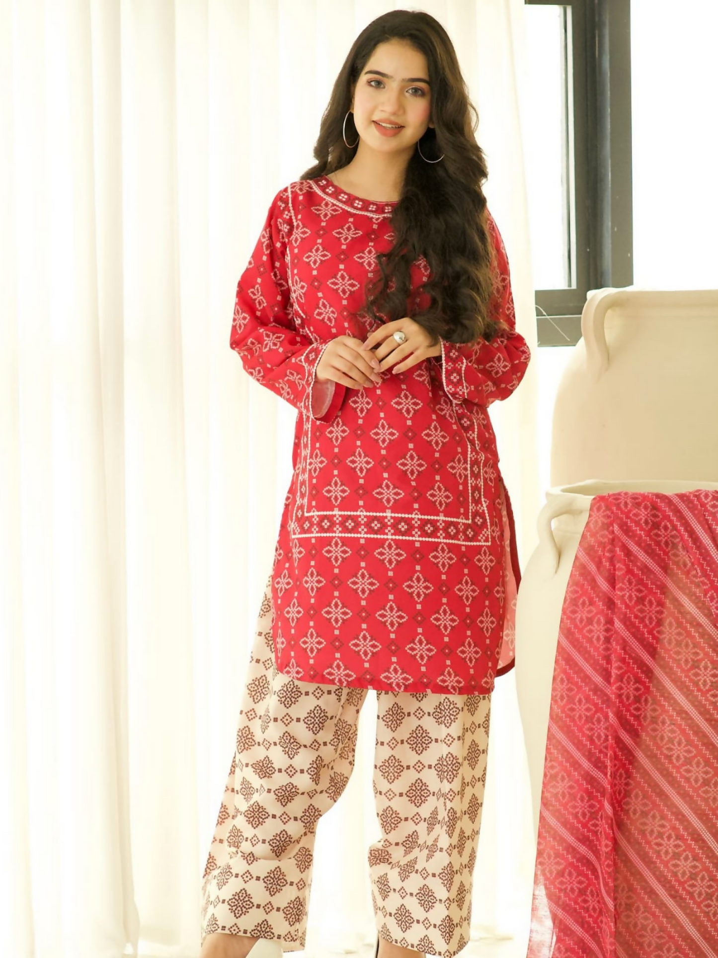 Tehzeeb Libas stitched 3-piece suit with digital printed shirt, farshi salwar, and chiffon digital dupatta.