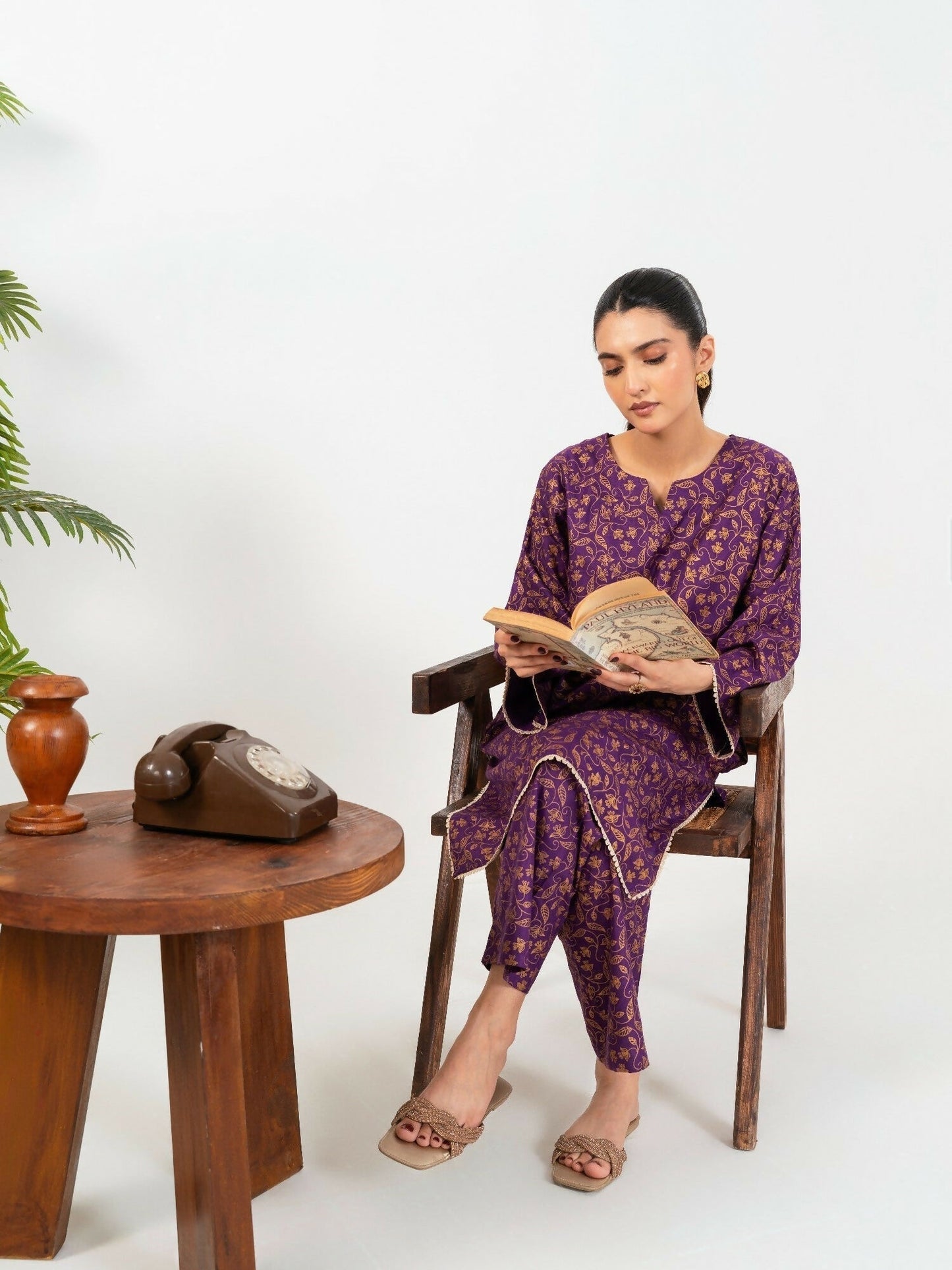 Stylish Collection Enchant Pret Linen Printed Co-Ord Set-Leaf Purple