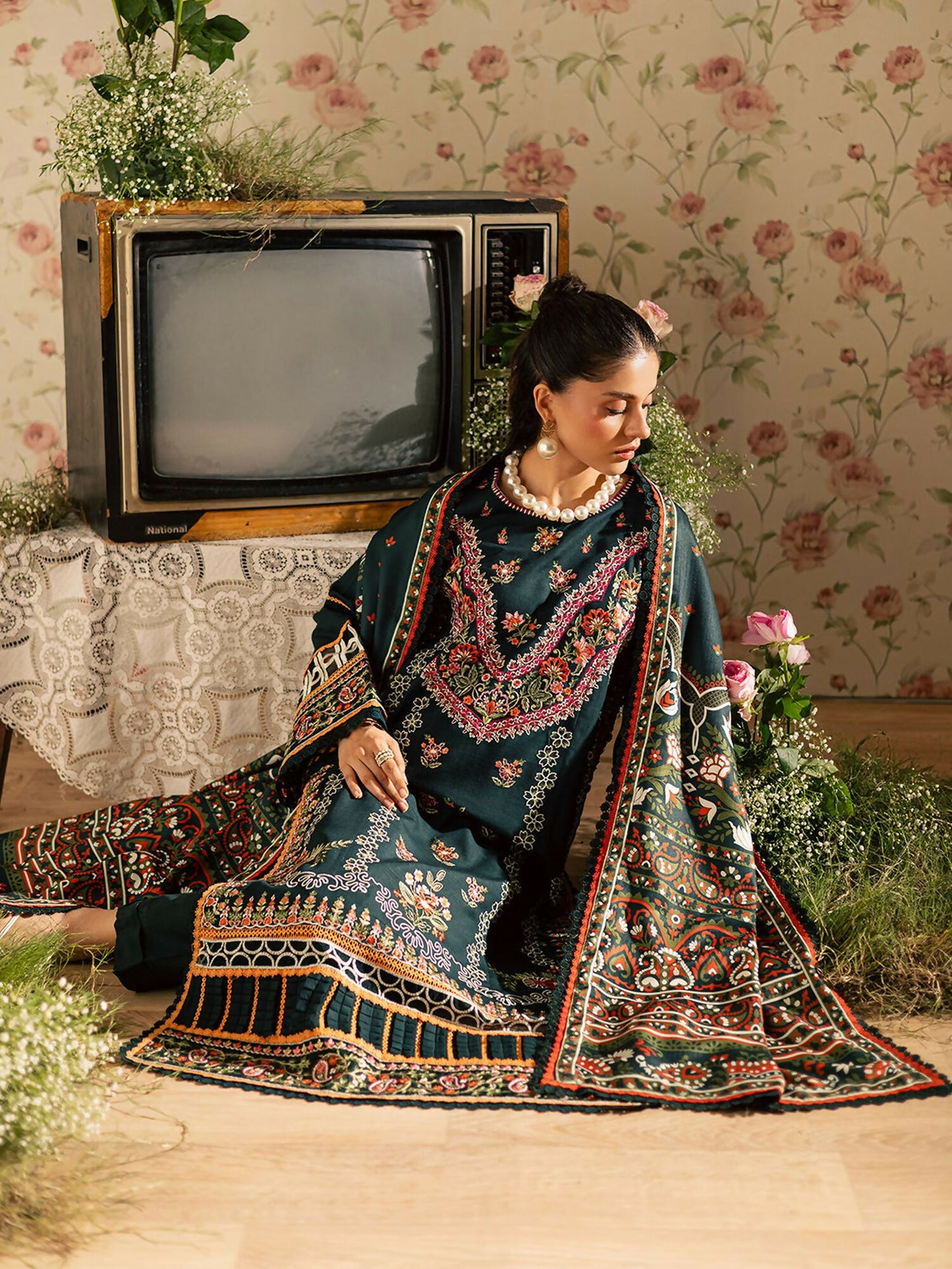 Mahnur Kaia Slub Linen Embroidered Stitched 3-Piece Suit-K- 08