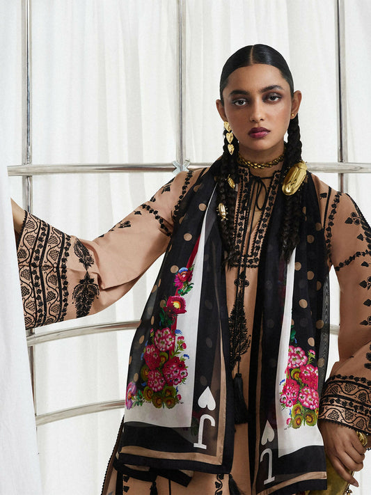 Hussain Rehar silk scarf - Dita, digitally printed with bold floral motifs, black-and-white border, and delicate tassels for an elegant finish.