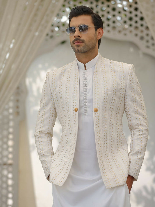 Gem Garments Afsanah Raw Silk Embroidered Prince Coat-Sheraz