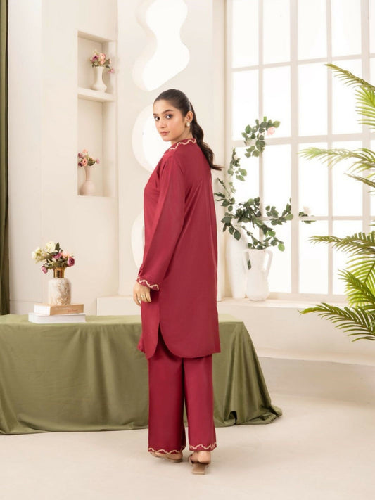 Stylish Collection Aaraish Linen Embroidered Co-Ord Set-Maroon Ringles