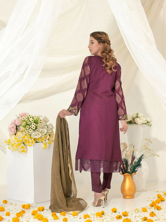 Ruby's Couture Gul-Bahar Khadi Embroidered Stitched 3-Piece Suit-Pariza