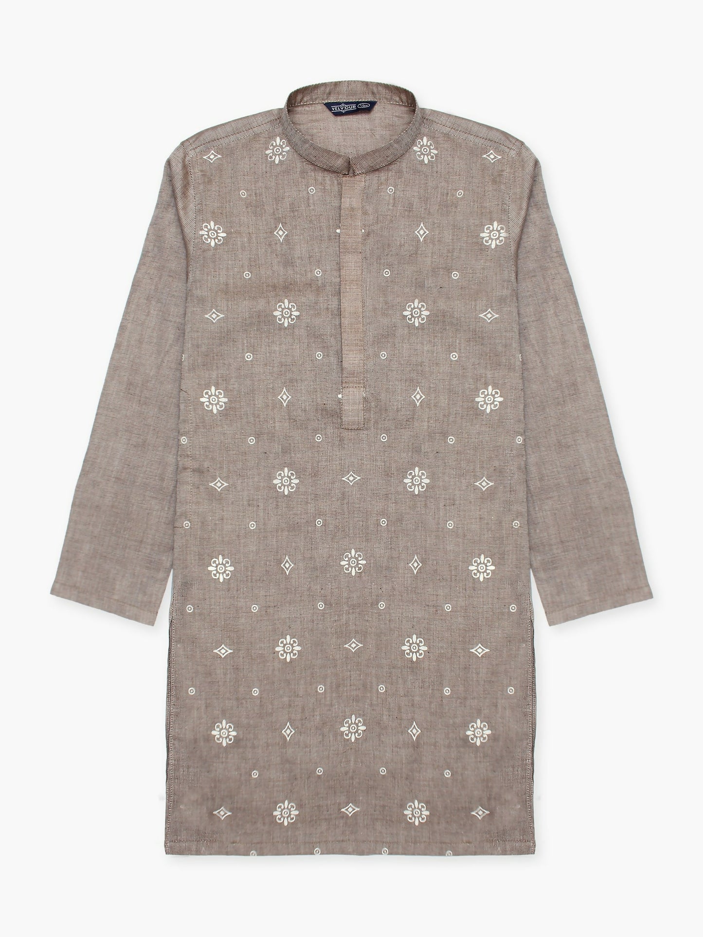 Printed cotton stitched kurta for boys with mandarin collar, full sleeves, and regular fit – traditional ethnic wear