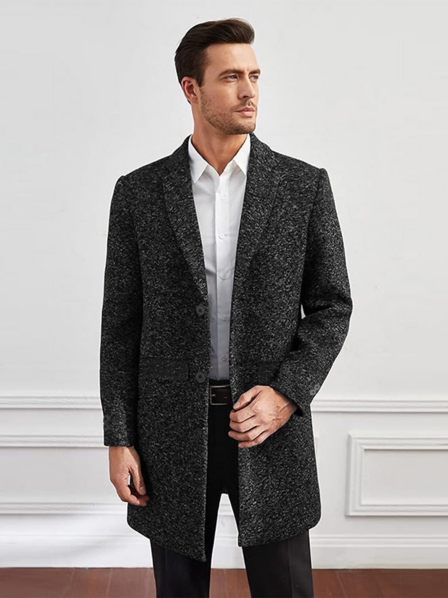 Black Funky Elegant Woolen Business Long Coat-15061