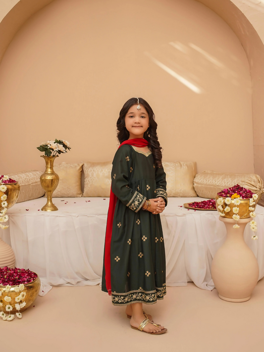 Kidoz Kloset Cotton Silk Embroidered Stitched 3-Piece Suit-Emerald Aura Frock-Girl