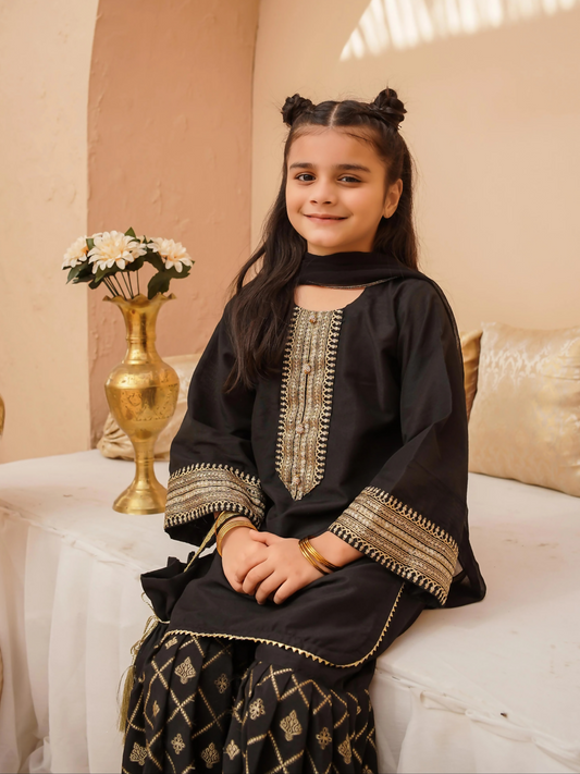 Kidoz Kloset Cotton Silk Embroidered Gharara-Midnight Luxe-Girl