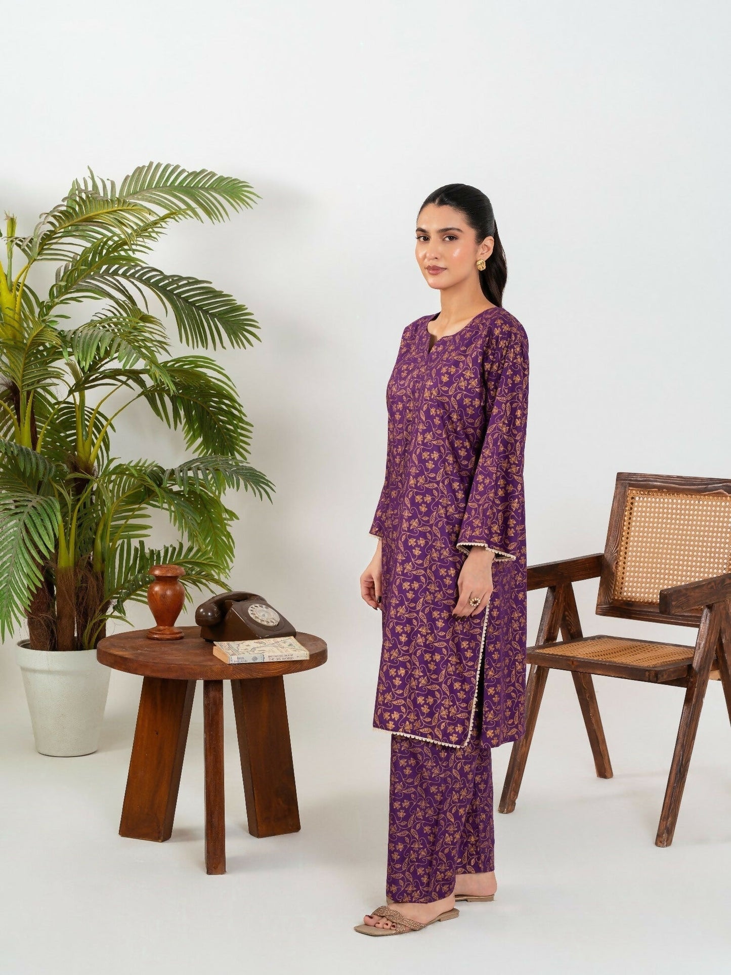 Stylish Collection Enchant Pret Linen Printed Co-Ord Set-Leaf Purple