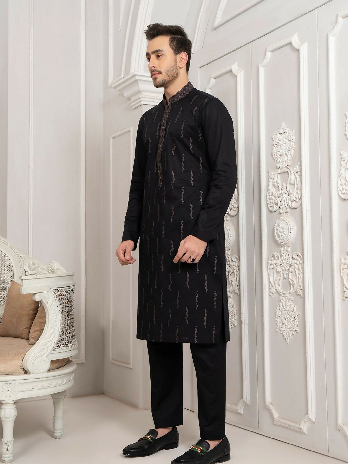 Black and Golden Fabrich Men Embroidered Cotton Unstitched Shalwar Kameez-GTS-B-024