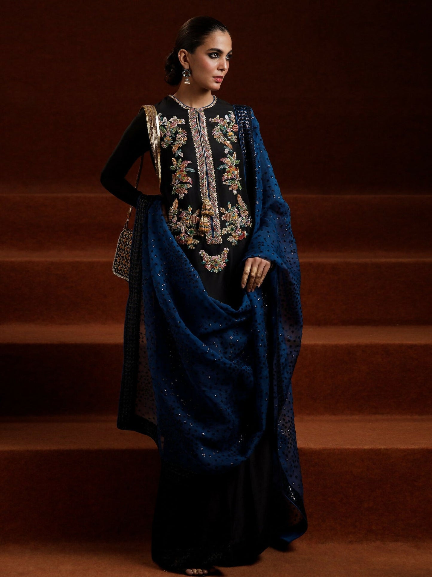 Hussain Rehar black raw silk hand-embellished shirt with palazzo pants and blue organza dupatta