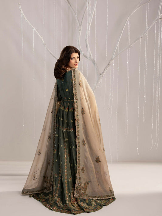 Shurooq Echoes In Bloom Zari Cotton Net Embellished Stitched 3-Piece Suit-Emerald Whisper