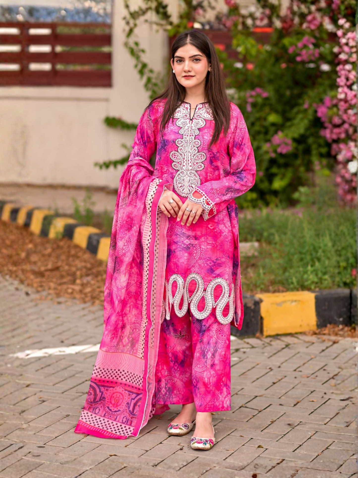 MH Cloth House Cotton Lawn Embroidered Stitched 3-Piece Suit-Gulabi Jhalak