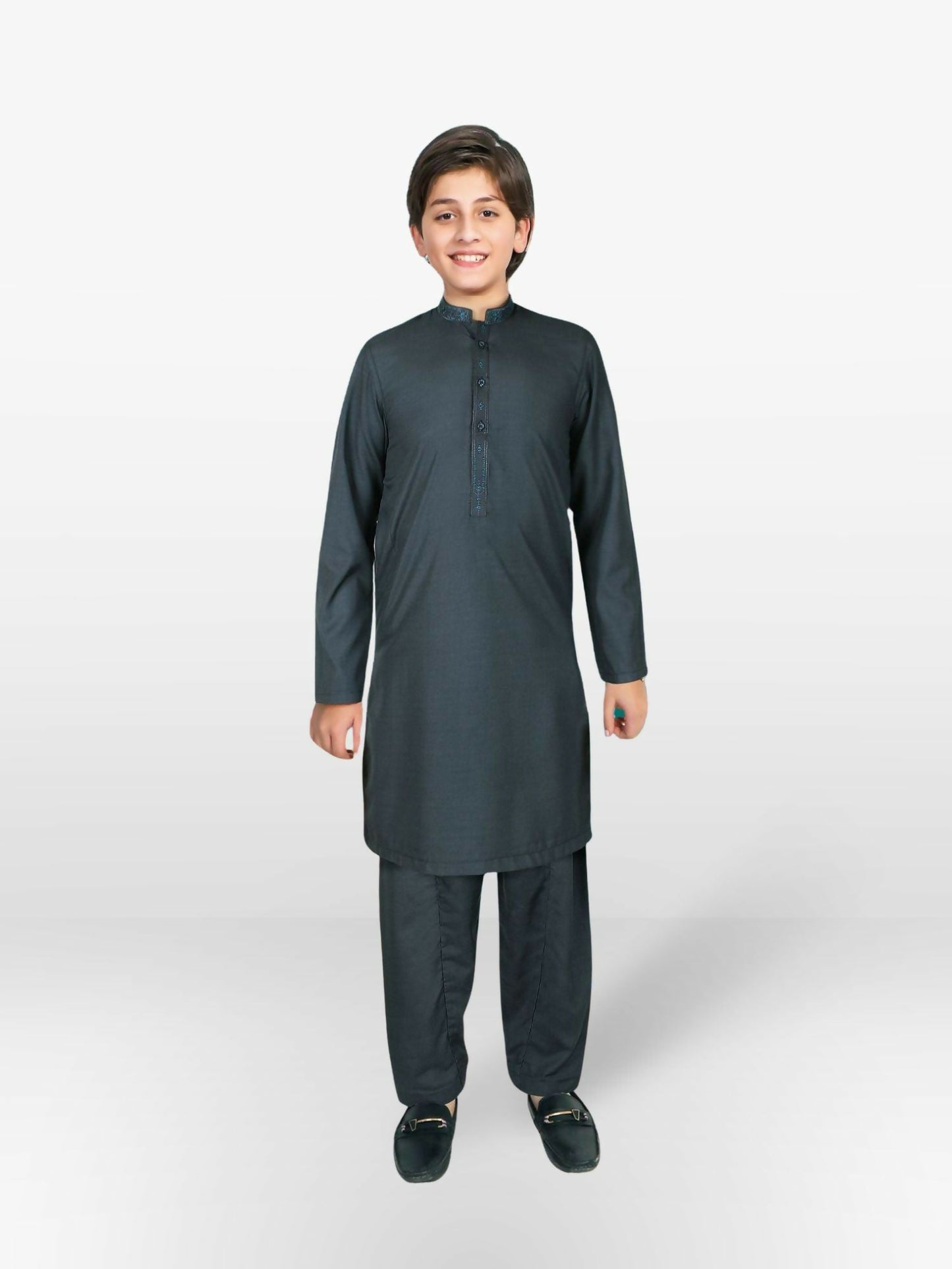 Charcoal Gray Velvour Boys Embroidred Shalwar Kameez-VB173-C