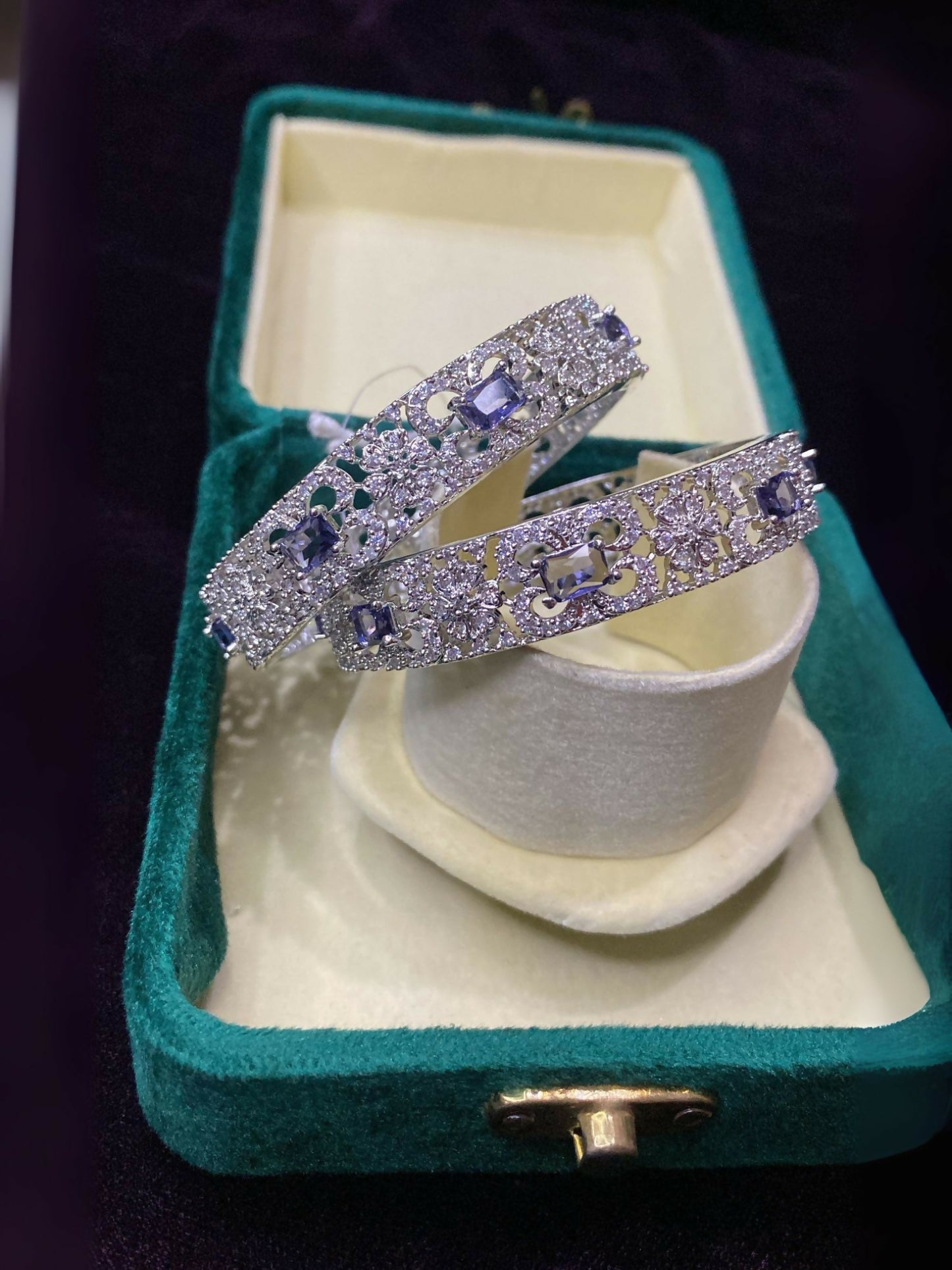 Noor Bilal one carat silver bangles with purple and silver zircon accents, elegant traditional jewellery set.