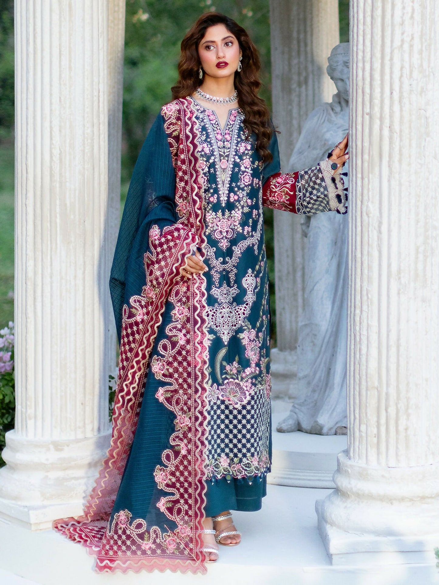 Unstitched embroidered 3-piece suit from Mahnur Sophie Luxury Lawn Collection with embroidered lawn shirt, embroidered dupatta, and dyed trouser.