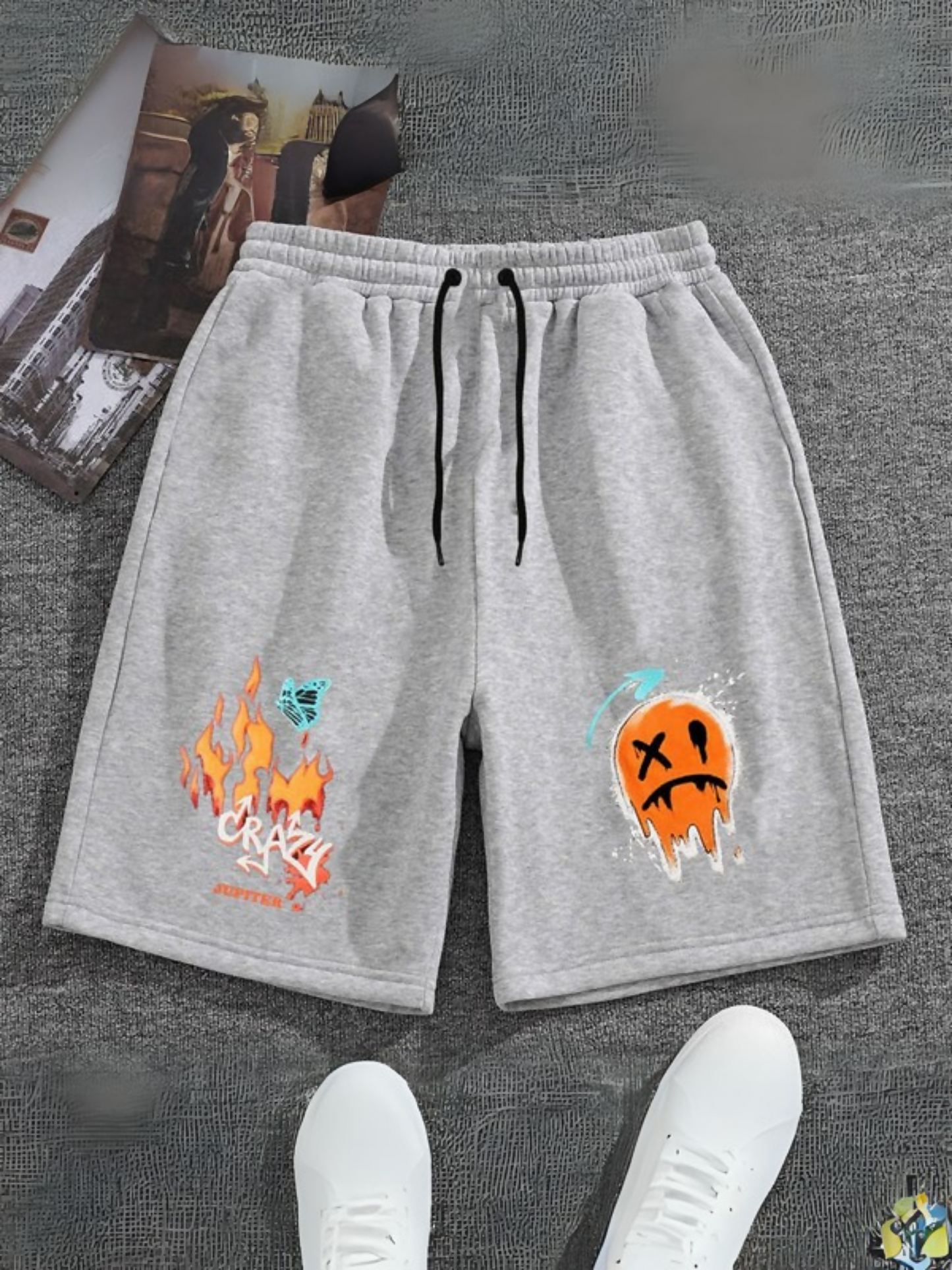 Jupiter Printed Fire Emoji Graphic Terry Shorts-13410