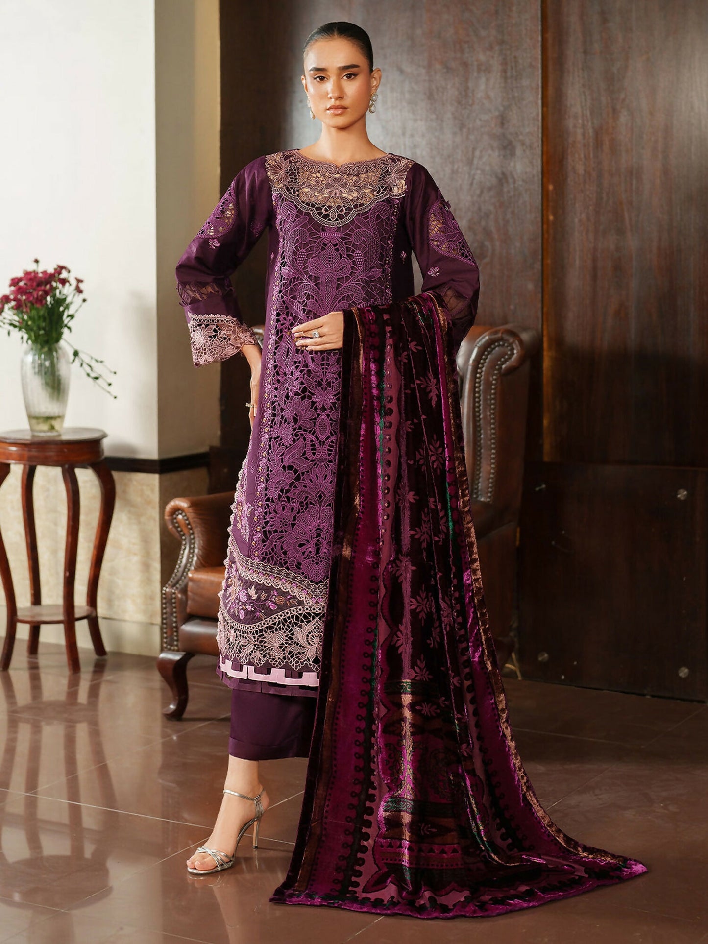 Parishay Panache Winter Corduroy Embroidered Stitched 3-Piece Suit-PNE-02