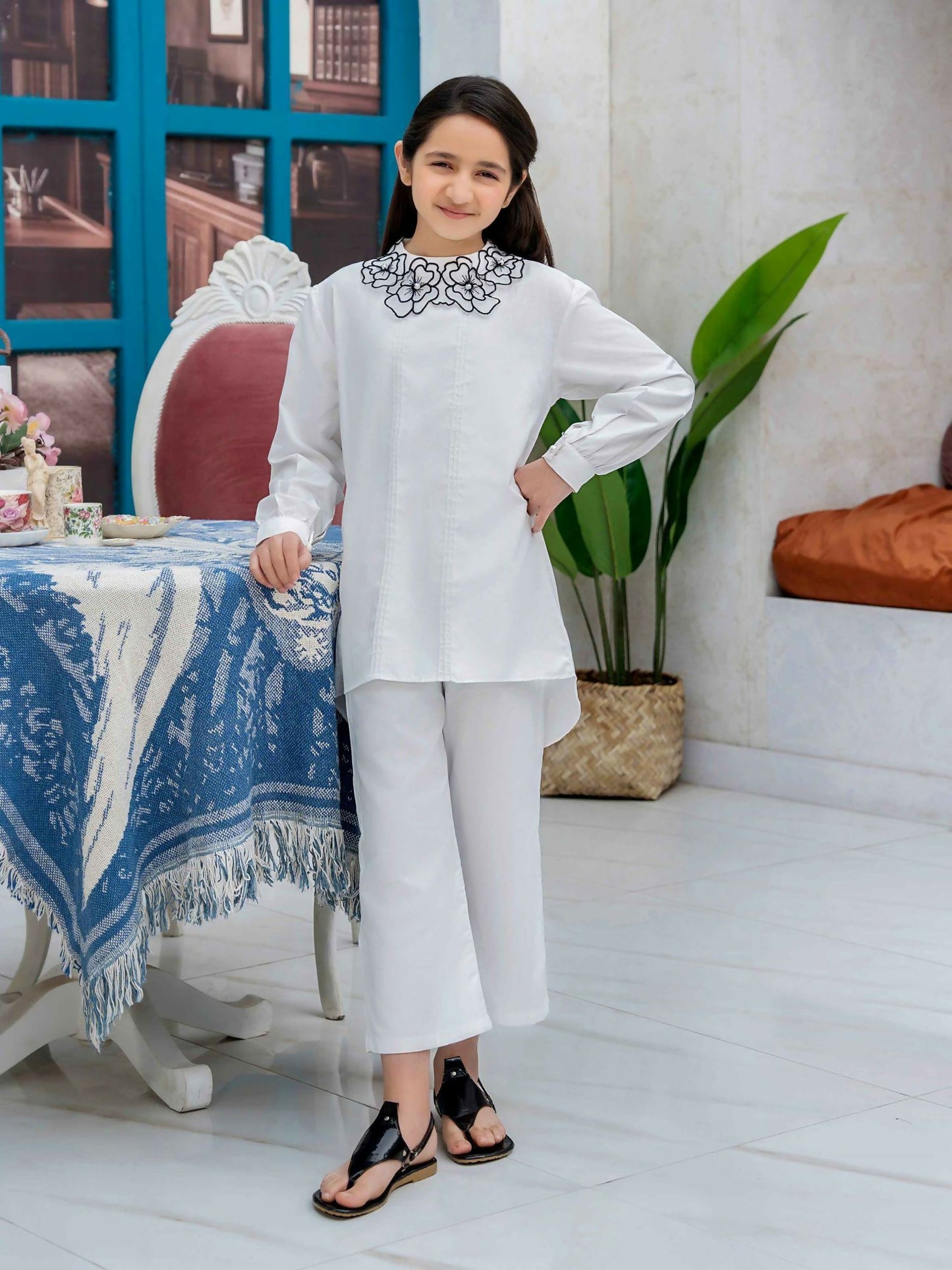Off-White Velvour Girls Embroidered Stitched 2-Piece Suit-VG119-A
